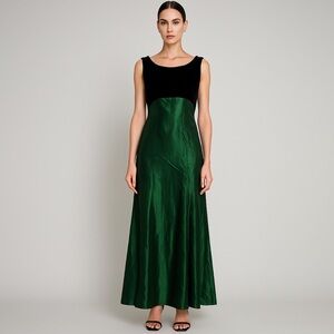 Vintage Dress Womens 13/14 Green Satin Velvet Lace Up Maxi Whimsigoth Witchy 90s